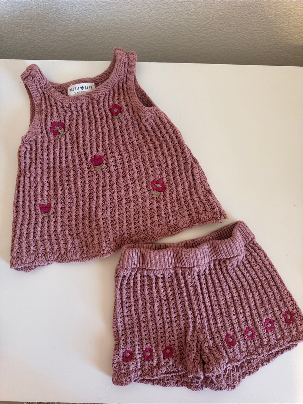 Rabbit & Bear Organic Dusty Rose Crochet Tank and Shorts Matching Set 12 mo